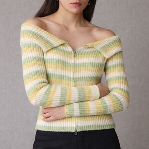 Kijun Off Shoulder Cotton Blend Green Yellow Zip Cardigan S